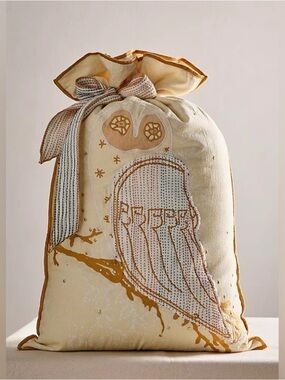 Free People Cream and Gold Owl Drawstring Gift Bag